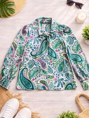 Zara Cream Paisley Tie-Neck Blouse Jacket with Green & Pink Accents